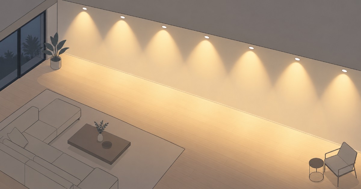 Strop s bodovkami vrhajícími překrývající se kužely světla na podlahu a stěnu